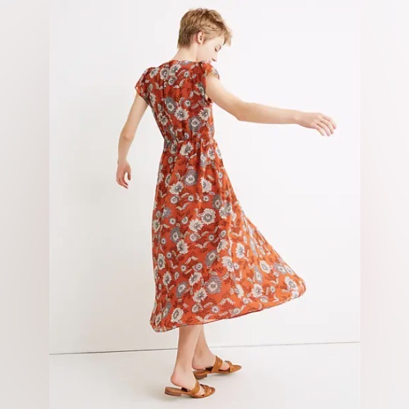 Madewell Terracotta Floral Short Flutter Sleeve Scoop Neck Midi Dress Size 6 - Picture 3 of 12